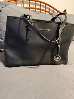 Michael Kors Black Leather Logo Tote with Gold Accents